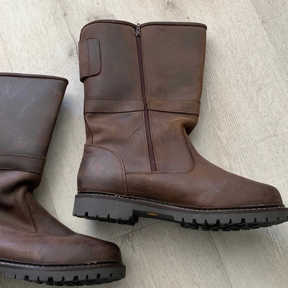 Traveling brown leather boots size 46 moto distressed‎ zipper buckle work farm